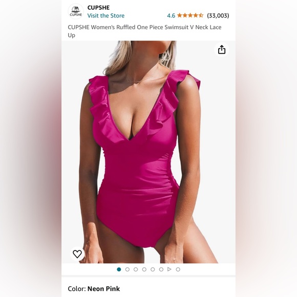 NWT CUPSHE Women’s Deep V-Neck Ruffled Lace Up One Piece Swimsuit Hot Pink Small - Picture 11 of 13